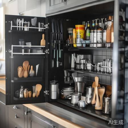 “黑色柜子巧收纳，厨房整洁又方